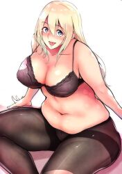 atago_(kantai_collection) bifidus big_belly black_bra blonde_hair blue_eyes blush bra braid breasts cleavage crotch_seam fat fat_rolls female hair_between_eyes kantai_collection large_breasts long_hair looking_at_viewer navel open_mouth pantyhose plump shadow shiny shiny_skin sitting smile solo stomach_day thighband_pantyhose underwear white_background