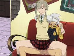 art blonde_hair censored clothed_sex clothing couch frown green_eyes hallway headband jacket long_hair maka_albarn mosaic_censoring necktie nude penis school_uniform schoolgirl sex skirt smile soul_eater soul_eater_evans spread_legs striped_tie sweater tie