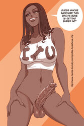 1futa anasheya balls bottomless breasts brown_eyes brown_hair crop_top curvy dark-skinned_futanari dark_skin erect_nipples erect_penis erection futa_only futadom futadom_caption futanari hourglass_figure intersex large_penis looking_at_viewer nipple_bulge nipples penis precum precum_drip solo_futa taker_pov