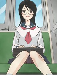 black_hair clothing female fujiyoshi_harumi glasses haruyama long_hair open_mouth panties pantyshot pantyshot_(sitting) sayonara_zetsubou_sensei school_bag school_uniform sitting skirt smile solo train_interior underwear uniform upskirt wet_panties white_panties