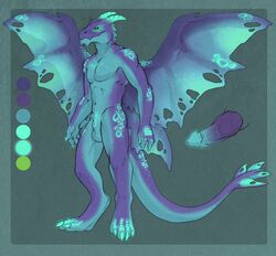 1boy 2014 anthro balls black_sclera blue_penis blue_scales body_markings close-up digitigrade dragon erection fae_dragon flaccid glowing gradient green_eyes horn knot looking_away male male_only markings model_sheet penis purple_penis purple_scales scalie sheath solo standing teal_scales tojo_the_thief toned wings