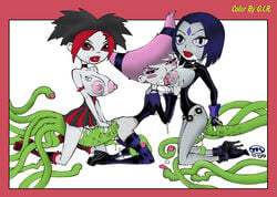 3girls argent_(dc) dc_comics female high_heel_boots high_heels jinx_(dc) multiple_girls raven_(dc) smooth_skin teen_titans tentacle tentacle_sex turk128