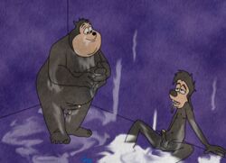 2boys balls black_nose black_skin chubby cm10 disney erection excessive_cum exhausted goof_troop long_ears looking_at_partner male_only max_goof mouth_open nude penis_size_difference pj purple_background spread_legs