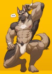 ... abs absurd_res anthro biceps blush bulge canid canine canis chest_tuft clothing cuff_(restraint) domestic_dog german_shepherd handcuffs herding_dog hi_res looking_at_viewer male mammal metal_cuffs muscular muscular_anthro muscular_male nipples pastoral_dog patrick_(drks) pecs pubes restraints simple_background solo tuft uiokv underwear