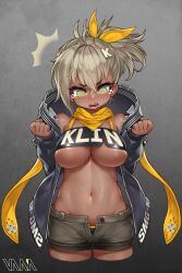 ^^^ alternate_breast_size artist_name bandeau bare_shoulders black_coat black_panties blush breast_expansion breasts character_name clenched_hands clothes_writing coat cowboy_shot cropped_legs dark-skinned_female dark_skin eyebrows_visible_through_hair fangs female girls'_frontline green_eyes grey_background grey_hair hair_ribbon highres klin_(girls'_frontline) large_breasts letter_hair_ornament long_sleeves looking_down navel open_clothes open_coat open_fly open_mouth open_shorts panties panty_peek ponytail ribbon scarf short_hair shorts skindentation solo standing stomach surprised tearing_up thick_eyebrows underboob underwear v-shaped_eyebrows vana yellow_ribbon yellow_scarf