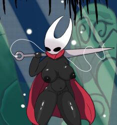 anthro arthropod big_breasts black_body black_skin breasts cape clothing female genitals hollow_knight horn hornet_(hollow_knight) nipples poraka7 pussy solo string team_cherry video_games weapon