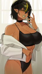 1girls abs asymmetrical_hair bare_midriff bare_shoulders big_breasts black_bra black_hair black_legwear black_nail_polish choker cleavage collarbone crop_top dark-skinned_female dark_elf dark_hair dark_skin drooling earrings elf elf_ears elf_female fangs female female_only hair_between_eyes large_breasts lilith_(lilycious) lilycious long_sleeves looking_at_viewer midriff mole mole_on_breast mole_under_mouth multicolored_hair muscles muscular muscular_female nail_polish navel open_clothes pointy_ears short_hair six_pack tagme tongue two_tone_hair yawn yawning yellow_eyes yellow_hair yellow_tongue