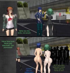 3girls ass big_ass big_butt bubble_ass bubble_butt crossover embarrassed embarrassed_nude_exposure embarrassed_nude_female enf enf-persona-fan female female_focus humiliated humiliation multiple_girls one-punch_man persona persona_4 persona_5 public_nudity sakura_futaba shirogane_naoto streaking tatsumaki thick_ass vodkammd