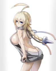 1girls ahoge arc_system_works ass blazblue blonde_hair blue_eyes es_(xblaze) large_breasts long_hair nueshinmei pussy_juice pussy_juice_drip sideboob solo virgin_killer_sweater xblaze xblaze_code:_embryo