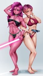 2girls artist_signature belly_button big_breasts bikini bikini_bottom bikini_top blue_eyes blush breasts choker cleavage collarbone eyebrows_visible_through_hair eyelashes feet female female_only gun hanshyn hips lightsaber long_hair mandalorian multicolored_hair navel nipples pink_hair pink_skin sabine_wren short_hair simple_background standing star_wars star_wars_rebels string_bikini thighs weapon zeltron