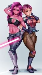 2girls arm_band armor armored_boots armored_gloves artist_signature belly_button big_breasts blue_eyes blush breastplate breasts cleavage cleavage_cutout clothed collarbone eyebrows_visible_through_hair eyelashes feet female female_only gloves gun hanshyn hips holster leather_pants lightsaber long_hair mandalorian mandalorian_armor multicolored_hair multiple_girls navel nipples pink_hair pink_skin sabine_wren short_hair shoulder_pads simple_background standing star_wars star_wars_rebels thighs weapon zeltron