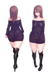 ass ass_in_dress bare_shoulders boots breasts brown_hair female high_heels highres huge_ass iku_(ikuchan_kaoru) long_hair looking_at_viewer medium_breasts original pout simple_background succubus_(iku) thick_thighs thighs white_background