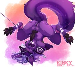 anthro blush bondage bound breasts canid canine erection feet fox fur genitals herm intersex knot mammal penis piercing purple_body purple_fur pussy rope seamen solo spread_legs spreading upside-down zaniah_(thatblackfox)