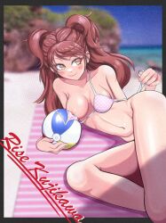 amaterasu1 beach_ball blush brown_hair earrings female kujikawa_rise large_breasts nipple_slip persona persona_4 smile solo twintails