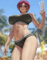 abs alternate_costume bazett_fraga_mcremitz blue_sky breasts covered_nipples fate/hollow_ataraxia fate_(series) female food infi_mt large_breasts lipstick looking_at_viewer looking_down makeup mole outdoors palm_tree popsicle purple_eyes purple_hair short_hair sky solo swimsuit tree