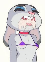 anthro areola areola_slip bikini bikini_top black_body black_fur bodily_fluids breasts choker cum cum_in_mouth cum_inside cum_on_face disney doxy eyebrows eyeshadow female flat_chest fur genital_fluids grey_body grey_fur hi_res jewelry judy_hopps lagomorph leporid long_ears makeup mammal micro_bikini multicolored_body multicolored_fur narrowed_eyes necklace open_mouth purple_eyes rabbit skimpy small_breasts solo sweat swimsuit swimwear under_boob zootopia zootropolis