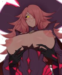 1girls afrobull areola areolae artist_name big_breasts black_sclera blazblue blush breasts breasts_out clothes female female_only gloves hat hips konoe_a_mercury large_breasts long_hair looking_at_viewer mature_female mature_woman maturer milf nine_the_phantom nipples one_eye_obstructed pink_hair presenting smile solo solo_female sweat thighs tight_clothing watermark white_background witch witch_hat yellow_eyes