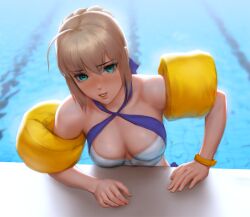 ahoge artoria_pendragon artoria_pendragon_(swimsuit_archer)_(fate) backlighting bikini blonde_hair braid breasts collarbone eyebrows_visible_through_hair eyes_visible_through_hair fate/grand_order fate/stay_night fate_(series) female french_braid green_eyes infi_mt inflatable_armbands medium_breasts parted_lips pool saber smile solo swimsuit upper_body wristband