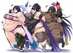 2021 3girls bbw belly belly_button big_belly bikini black_hair breasts chubby chubby_female cleavage curvaceous curvy english english_text eyepatch_bikini fate/grand_order fate_(series) female_focus female_only green_eyes hips huge_belly huge_breasts kurocaze large_belly large_breasts long_hair minamoto_no_raikou_(fate) minamoto_no_raikou_(fate/grand_order) multiple_girls murasaki_shikibu_(fate) obese obese_female overweight overweight_female purple_eyes scheherazade_(fate) swimsuit sword text thick_thighs thighs tummy voluptuous weapon wide_hips