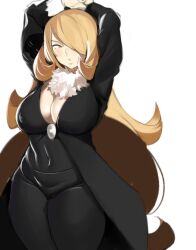 big_breasts blonde_hair bloop cynthia_(pokemon) fully_clothed pokemon pokemon_dppt solo tagme thick_thighs white_hair yellow_eyes