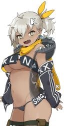 alternate_breast_size bandana bandeau black_panties breasts bright_pupils character_name cleavage cowboy_shot crop_top crop_top_overhang dark-skinned_female dark_skin detached_sleeves fangs female girls'_frontline green_eyes grey_hair hair_between_eyes hair_ornament hood hoodie jorin klin_(girls'_frontline) large_breasts lowleg lowleg_panties navel no_pants open_mouth panties short_ponytail simple_background single_sidelock single_thighhigh sleeves_past_wrists solo strapless string_panties sweat thigh_strap thighhighs tube_top underboob underwear white_background