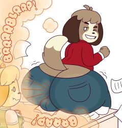 1boy 1boy1girl 1girls animal_crossing anthro ass ass_cleavage backsack balls_under_clothes big_ass big_butt biting_lip brother_and_sister brown_fur butt_crack canid canine clothed clothing digby_(animal_crossing) dog_ears dog_tail domestic_dog drawful-s fart fart_cloud fart_everywhere fart_fetish farting farting_in_face fat_ass fat_butt femboy freckles freckles_on_ass furry furry_only huge_ass isabelle_(animal_crossing) jeans looking_back more_at_source nintendo one_eye_closed onomatopoeia opposite_sex_twins pants pants_down papers shocked shocked_expression siblings sitting_on_desk smelly smelly_ass thick_thighs unprofessional_behavior wide_hips wink yellow_fur yellow_hair