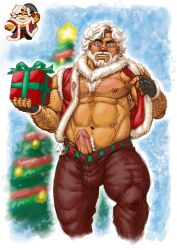 1boy beard clothed cookie_run dilf eggnog_cookie erect_penis erection facial_hair half-dressed male_only penis_out precum present presenting presenting_penis santa_claus