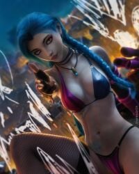 1girls 3d 3d_(artwork) athletic_female bikini blue_hair braid braided_hair braided_twintails breasts female human jinx_(league_of_legends) league_of_legends looking_at_viewer necklace pink_eyes riot_games solo tattoos therealzoh