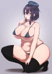 bare_shoulders belly beret bespectacled bikini black_hair black_legwear blush breasts chubby chubby_female collarbone fat fat_rolls female female_only finger_to_mouth glasses hat highres huge_breasts kantai_collection kneeling looking_at_viewer micro_bikini military_hat navel oozon_(ozon) plump red_eyes short_hair solo sweatdrop swimsuit takao_(kantai_collection) thick_thighs thighhighs thighs