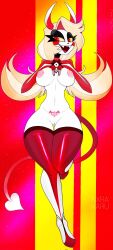 blonde_hair breasts charlie_morningstar_(hazbin_hotel) demon demon_tail fangs female genitals hair hazbin_hotel hi_res horns humanoid nipples norakaru open_mouth open_smile pussy red_eyes simple_background smile solo succubus tongue white_body