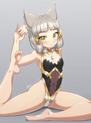 1girls alten animal_ears bodysuit cat_ears feet flexible grey_hair nia nia_(xenoblade) nintendo solo stretching xenoblade_(series) xenoblade_chronicles_2