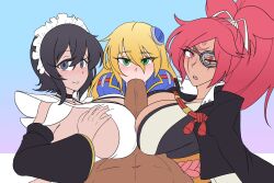 1boy 3girls arc_system_works baiken blazblue blonde_hair brown_hair clothed_female_nude_male collaborative_paizuri collaborative_titfuck crossover dark-skinned_male dark_skin double_paizuri eye_contact eye_patch fellatio guilty_gear interracial iroha long_hair looking_at_viewer maid maid_headdress male_pov noel_vermillion oral paizuri pink_hair ponytail pov samurai_shodown scuttlefish short_hair