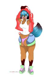 1futa anthro arms_up ball_bulge balls balls_in_panties balls_under_clothes big_balls big_penis blank_background blue_fur blue_hair blue_tail brand_new_animal breasts cleavage clothed clothing dark-skinned_futanari dickgirl erection fur furry furry_ears furry_female furry_only furry_tail futa_only futanari green_eyes hard_cock intersex large_breasts metamorphosis michiru_kagemori mostly_clothed orange_body orange_fur panties panties_aside panty_bulge penis penis_focus penis_out precum self_upload shapeshifter smirk smirking smirking_at_viewer sneakers solo standing sus taking_clothes_off tanooki_ears tanooki_tail tawagoto_(probros) thick_thighs thighs wide_hips