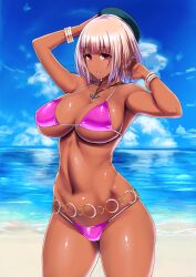 alternate_hair_color alternate_skin_color anchor armpits arms_behind_head bangs bare_arms bare_shoulders bikini blonde_hair breasts cloud cowboy_shot dark-skinned_female dark_skin day female ganguro gyaru hat ishimiso_(ishimura) jewelry kantai_collection large_breasts looking_at_viewer midriff ocean outdoors red_eyes short_hair skindentation sky solo swimsuit takao_(kantai_collection) tan water wide_hips