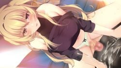 1boy 1girl black_ribbon black_shirt black_sweater blonde_hair blush bow bow_panties breasts bria_anderson censored closed_mouth clothes_pull clothing_aside dutch_angle game_asset girl_on_top green_panties hair_between_eyes hair_intakes hetero homestay_a_la_mode long_hair looking_at_viewer midriff mosaic_censoring navel panties panties_aside penis pov red_eyes ribbon shirt smile stomach sweater sweater_pull tai_(nazutai) underwear very_long_hair