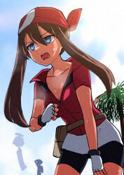 brandon_(pokemon) hot may_(pokemon) sweating unzipping