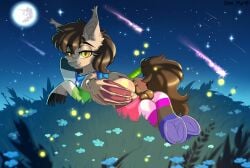 alternate_character alternate_version anus balls bisexual butt chest_fluff clothes commission ear_fluff ears_up explicit femboy field flower friendship_is_magic full_body genitals glasses grass grass_field horn lgbt looking_at_you looking_back looking_back_at_you lying_down male mlp mlp_g4 moon my_little_pony night nudity outdoors plot pony pride pride_flag pride_month prone smiling smiling_at_you socks solo stars striped_socks tail unicorn yuris_(artist)