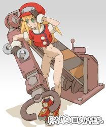 blonde_hair bottomless casual_nudity gloves green_eyes hat looking_up machine mega_man mega_man_legends nonsexual_nudity pantsu_ripper roll_caskett shirt_only shoes sweat sweating wrench