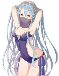 1girls alternate_version_available armpits arms_up azura_(fire_emblem) blue_hair blue_swimsuit breasts closed_mouth commentary_request female female female_only fire_emblem fire_emblem_fates hair_between_eyes haru_(nakajou-28) highres long_hair medium_breasts mouth_veil navel nintendo one-piece_swimsuit simple_background solo swimsuit veil white_background yellow_eyes