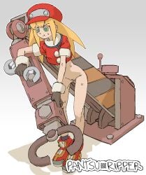 blonde_hair bottomless casual_nudity gloves green_eyes hat looking_down machine mega_man mega_man_legends nonsexual_nudity pantsu_ripper roll_caskett shirt_only shoes sweat sweating wrench