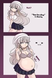 ... beanie black_skirt bra_strap_is_showing_(meme) cleavage closed_mouth contrapposto exposing_belly flashing huge_belly large_breasts legs_apart lingerie long_hair long_locks meme pregnant sweater white_beanie