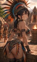 ai_generated arched_back aztec bare_shoulders barely_clothed big_ass black_hair dancer dark-skinned_female dark_skin feather_hair_ornament headress looking_at_viewer mesoamerican mexican mexican_female native_american ponytail ruins solo_focus tan_skin tribal tribal_clothing