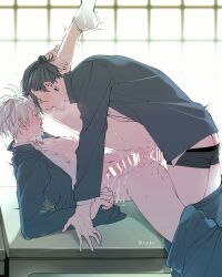 2boys classroom clothed_sex clothing drooling erect_nipples erection feet_up gakuran gay gay_sex jujutsu_kaisen male/male male_only male_penetrated male_penetrating male_penetrating_male on_desk penetration penis satoru_gojo school_uniform suguru_geto testicles tongue tongue_out u yaoi