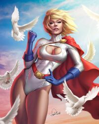 1girls athletic big_breasts blonde_hair blue_eyes cape cleavage cleavage_cutout dc douglas_bicalho dove female female_only fit fit_female human karen_starr large_breasts leotard light-skinned_female light_skin outdoors power_girl skin_tight solo superhero_costume superheroine tight_clothing