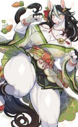 anthro big_breasts black_hair blush breasts buckteeth carrot esokir female horse kimono new_year rikose thick_thighs wide_hips year_of_the_horse