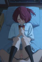 ai_generated komari_chika make_heroine_ga_oo_sugiru! missionary_position night red_hair school_uniform sex skinny small_breasts stockings uncensored vaginal_penetration yellow_eyes