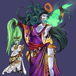 absorption absorption_vore bad_end breasts_out defeated defeated_female defeated_heroine dress goddess green_hair held_by_hair maerfuente medusa_(kid_icarus) nintendo palutena petrification size_difference snakes soul soul_vore vore