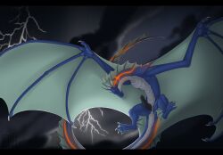 aquatic_dragon background_sky blue_body claws dragon erection feral fingers flying frill_(anatomy) genitals glowing glowing_eyes head_crest head_frill krugell lightning male male/male marine membrane_(anatomy) membranous_frill membranous_wings neck_frill paws penis sky slit solo solo_focus spines storm wings wyvern