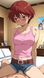 1boy 1girls ai_generated belt breasts civitai civitai_lora crop_top denim_shorts digimon digimon_data_squad digimon_savers exposed exposed_breasts exposed_pussy female fujieda_yoshino hair_between_eyes human_female illustrious_(stable_diffusion) illustrious_xl medium_breasts nipples nova_anime_xl nude pink_crop_top pussy red_eyes red_hair sdxl sex short_hair shorts skinny solo stable_diffusion tagme vaginal vgt13