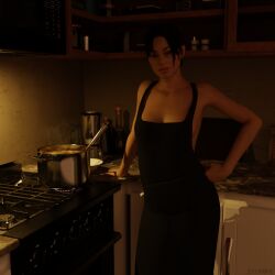 3d apron apron_only artist:stumpie asian asian_female atmospheric blue_eyes blue_eyes_female brown_hair brown_hair_female chell copyright:portal_(series) copyright:portal_2 cosy cozy flirting friendly_expression friendly_flirtation friends_with_benefits kitchen late_night looking_at_viewer medium_ass night nighttime nudist pale-skinned_female pale_skin ponytail ponytail_female romantic romantic_ambiance romantic_night viewer_pov wholesome wholesome_nudity